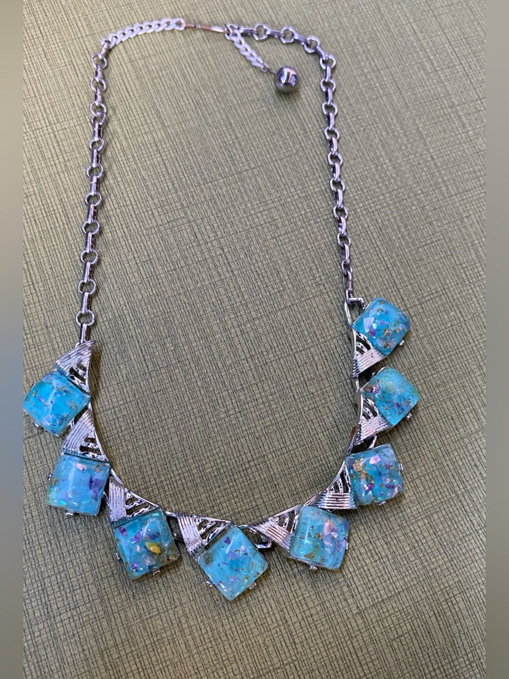 Vintage Coro Turquoise Lucite Mosaic Square Pendant Necklace